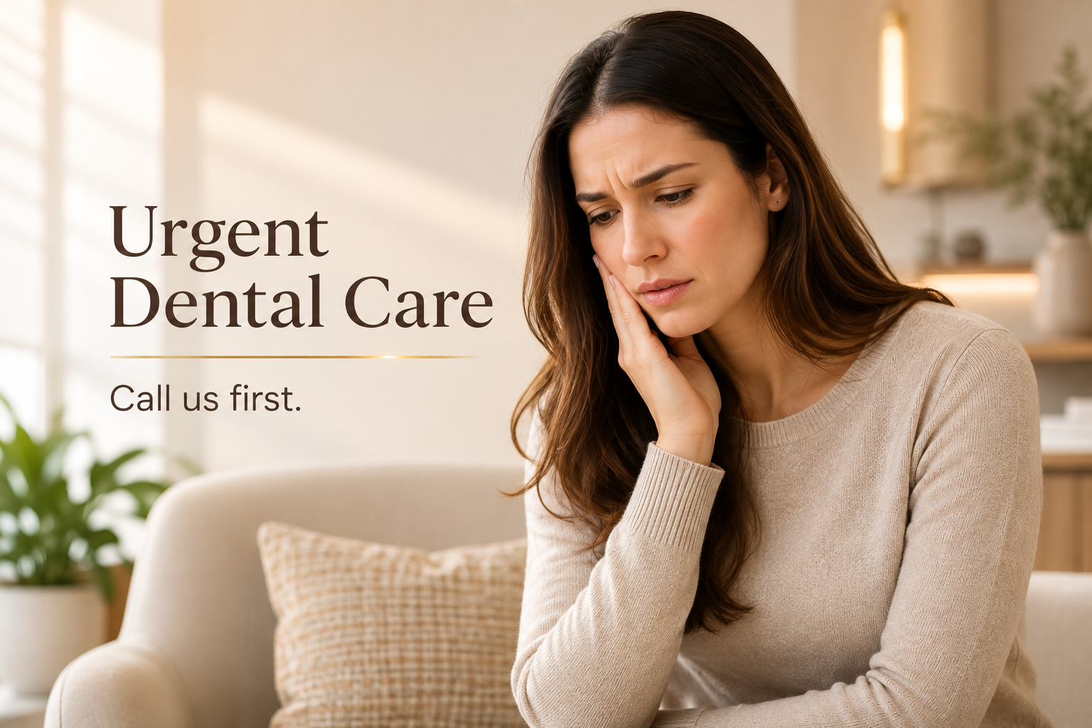 Woman experiencing tooth pain with Urgent Dental Care — Call us first messaging